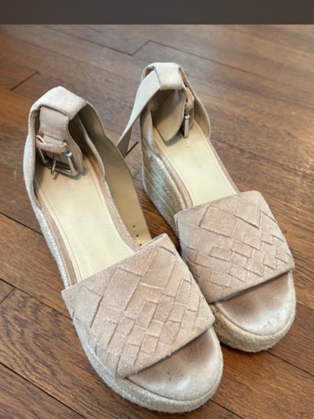 Beige Suede Wedge Sandals with Ankle Strap